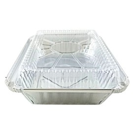 PACTOGO 2 lb. Oblong Aluminum Foil Take-Out Pan with Clear Dome Lid Disposable Containers 8.44" x 5.94" x 1.75" (Pack of 10 Sets)