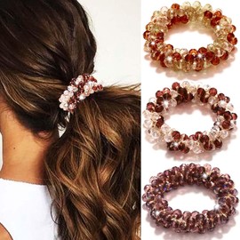 Reaky Beaded Hair Ties Elastic Ponytail Holders Champagne Rhinestone Hair Scrunchies 3 Pcs Hair Bands Hair Accessories for Women