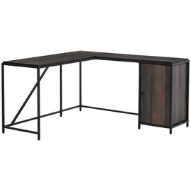 HOMCOM L-Shaped Computer Corner Desk with Storage Cabinet, Adjustable Shelf, Large Tabletop and Black Steel Frame, Brown