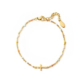 LAOYEFACAI 18K Gold Silver Mini Cross Bracelet Stainless Steel Chain Copper with Zirconia Environmentally Friendly Copper Micro Zirconia Cross Bracelet Recommended Gift, One size, Stainless Steel,