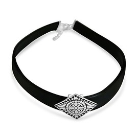 Vco STERLING SILVER CHOKER FAUX BLACK LEATHER ANTIQUE CENTER PIECE (DIAMOND SHAPE CHOKER)