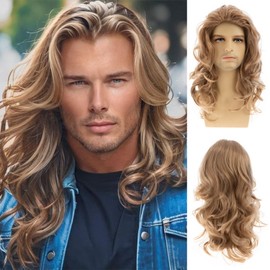 Mens Blonde Long Wavy Wig Middle Part Synthetic Hair Wig for Daily Party Costumes