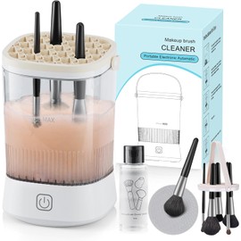 Electric Makeup Brush Cleaner - 12000 RPM Makeup Brush Cleaning Machine, IP65 Waterproof Automatic Makeup Brush Cleaner with Cleaning Solution, for Makeup Sponges and Brushes-(White)
