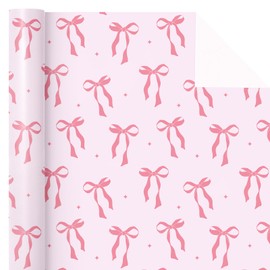 WRAPAHOLIC Pink Bow Wrapping Paper Roll - Mini Roll - 17 Inch x 16.5 Feet - Pink Ribbon Bow Design Perfect for Valentine's Day, Girls Birthday, Bachelorette Party, Baby Shower