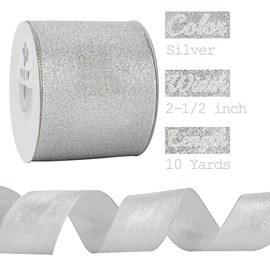 MEEDEE Silver Wired Ribbon 2.5 Inch Silver Metallic Ribbon 10 Yards Spool Metallic Christmas Ribbon Silver Metallic Glitter Metallic Ribbons for Crafts, Christmas Tree, Gift Wrapping, Wreaths, Bows