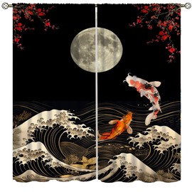 Koi Fish Curtains for Bedroom, Japanese Style Yin Yang Big Wave Cherry Blossom Window Treatments for Living Room, Oriental Koi Fish Carp Drape 2 Panel Sets42x45 Inch