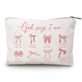 CYLDGNS God Says I Am Coquette Bow Christian Makeup Bag, Coquette Aesthetic Bible Verse Gift, Cosmetic Bags, Accessory Pouch, for Daughter, Sister, Girls, Teens Birthday Gifts (God Says I am)