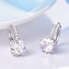 GULICX Bridesmaid White Hoop Earrings 925 Sterling Silver Huggie Drop Princess Cut Square Clear Zirconia