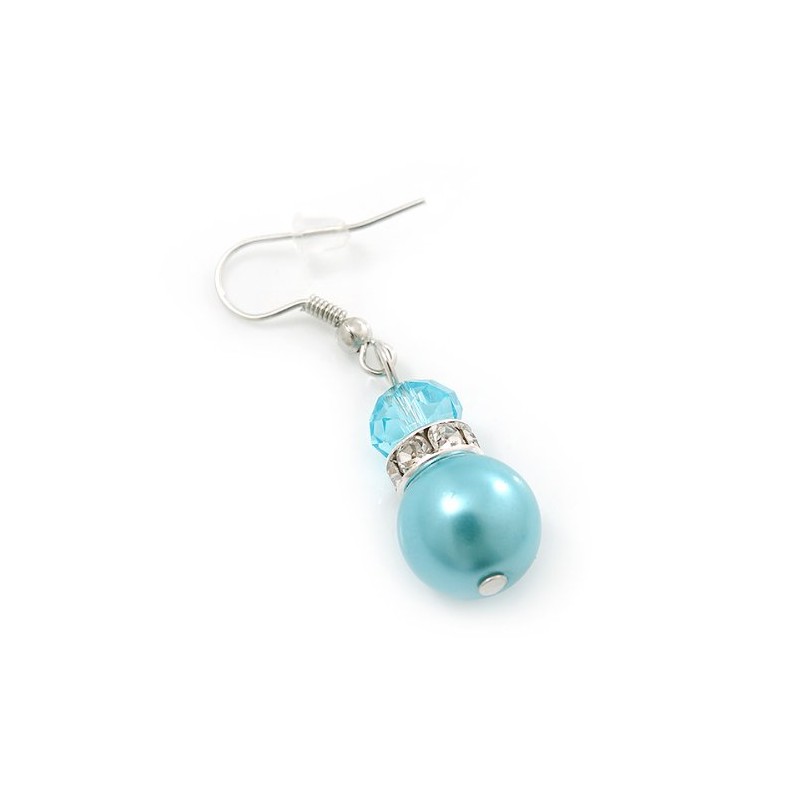 Light Blue Faux Pearl Clear Crystal Drop Earrings In Silver