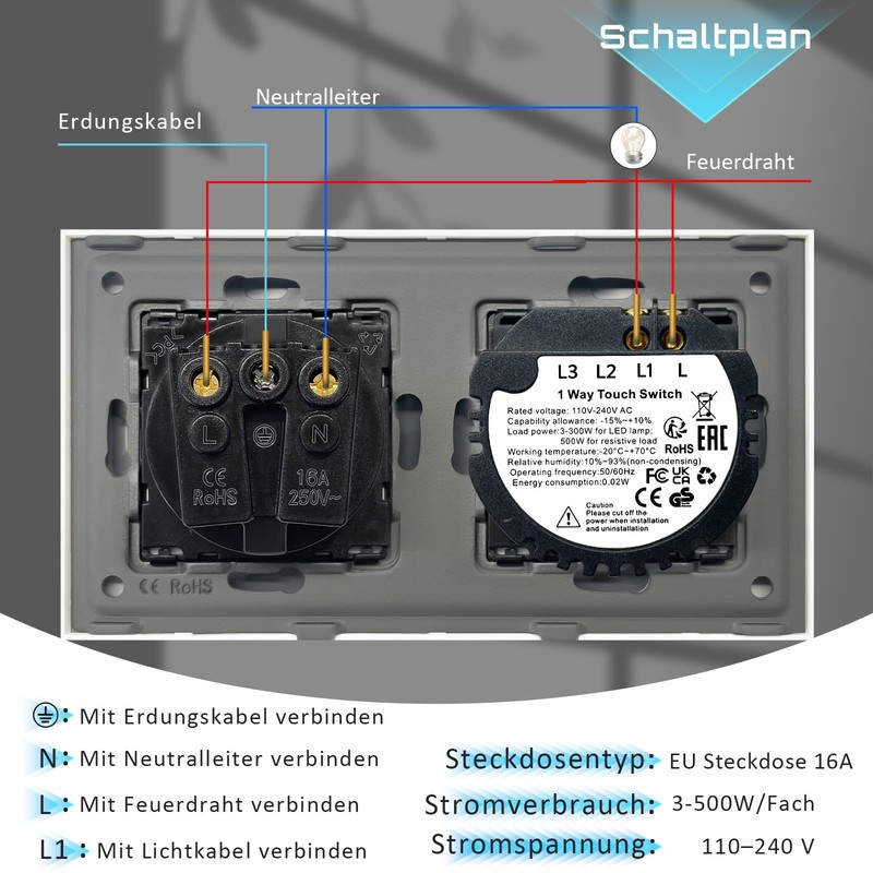 TAWOIA Switch with Socket Combination, EU Single 1 Way Crystal