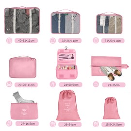JOPHEK Travel Suitcase Organiser Set, 9-Piece Packing Cubes, Multifunctional Waterproof Packing Cubes, Compression, Suitcase Organiser, Clothes Bags, Shoe Bag, Cosmetic Bag for Travel, Pink