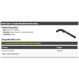 Marketplace Auto Parts Breather Hose - Valve Cover To Intake Manifold - Compatible with 2003-2007 Infiniti G35 VQ35DE