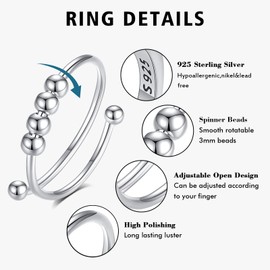 Vito Sterling Silver Anxiety Fidget Ring for Women, Adjustable Open Spinner Ring with Rotatable Beads, Expandable Stress Relif Jewelry Gifts for Mother Daughter Office Workers