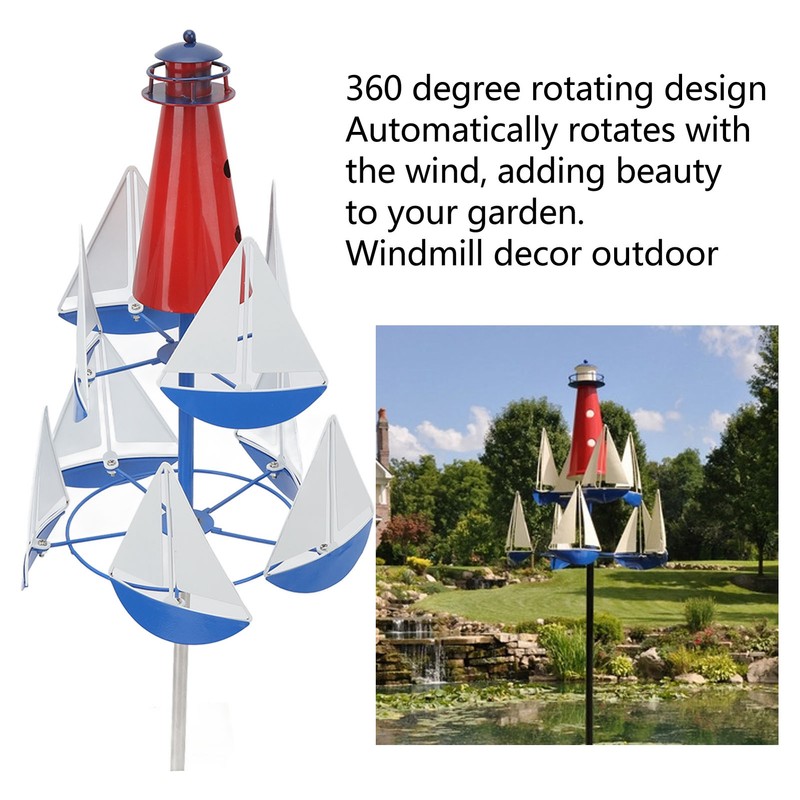 Summer Lighthouse Sailboat Windmills 360 Degree Rotation Weathervane Metal Windmill