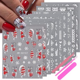 Christmas Nail Art Stickers Decals - 10PCS Winter Snowfalkes Stickers with Tweezers 5D Embossed Red White Nail Decals Holiday Self Adhesive Designs Decorations Set for Women Nails Accessories