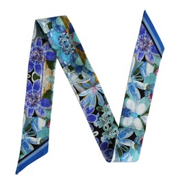 JERLA 100% Mulberry silk Scarf Head Hair Ribbon Handbag Handle wrap Tie Bundle Neckerchief Scarf for women (Oil painting blue)