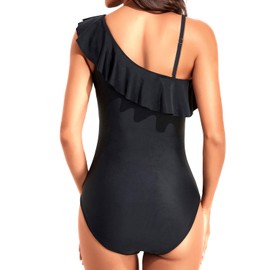 Tempt Me Trajes de baño de una pieza para mujer con un hombro con volantes y control de barriga, Negro, M