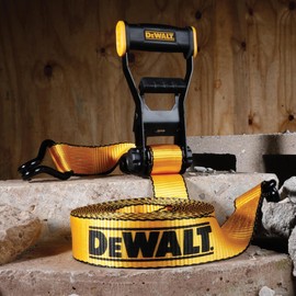 DEWALT DXBC10000J Black/Yellow 2" x 27' Ratchet Tie Down Strap with Double J-Hook - Heavy-Duty Cargo Hauling (10,000 lb Break Strength)