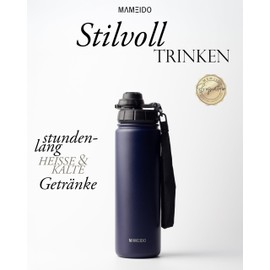 MAMEIDO Thermos Flask with Straw, 700 ml, Leak-Proof Drinking Bottle, Stainless Steel Insulated, Water Bottle with Carry Strap, Insulated Flask, BPA-Free (Dark Night, 0.7 L)
