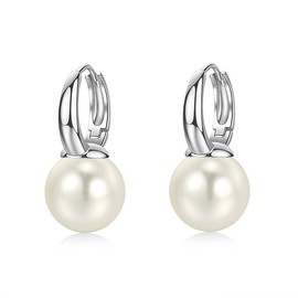 Pearl Drop Dangle Earring for Women, 14K White Gold Plated Silver Huggie Hoop 12mm Big White Pearl Stud Ear Jewelry for Wedding Bridesmaids Gift