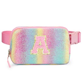 Cotmcor Kids Fanny Pack Glitter Waist Pack Initial Crossbody Bag Belt Bag for Girls Gifts Sparkly Cute Purse Rainbow A