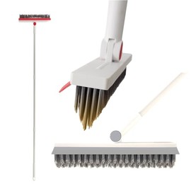 Motamim Crevice Cleaning Brush Long Handled Scrub Brush for Shower Floor Brush Scrubber Grout Brush Tile with Squeegee Heavy Duty Deck Brush Stain 180℃ Rotating Stiff Bristle Broom for Bathroom Wall