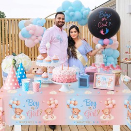 Heboland 2Pcs Bear Gender Reveal Decorations Table Cloth, Boy or Girl Gender Reveal Decorations Pink BlueTeddy Bear Large Size Rectangle Tablecloths 137 X 274cm