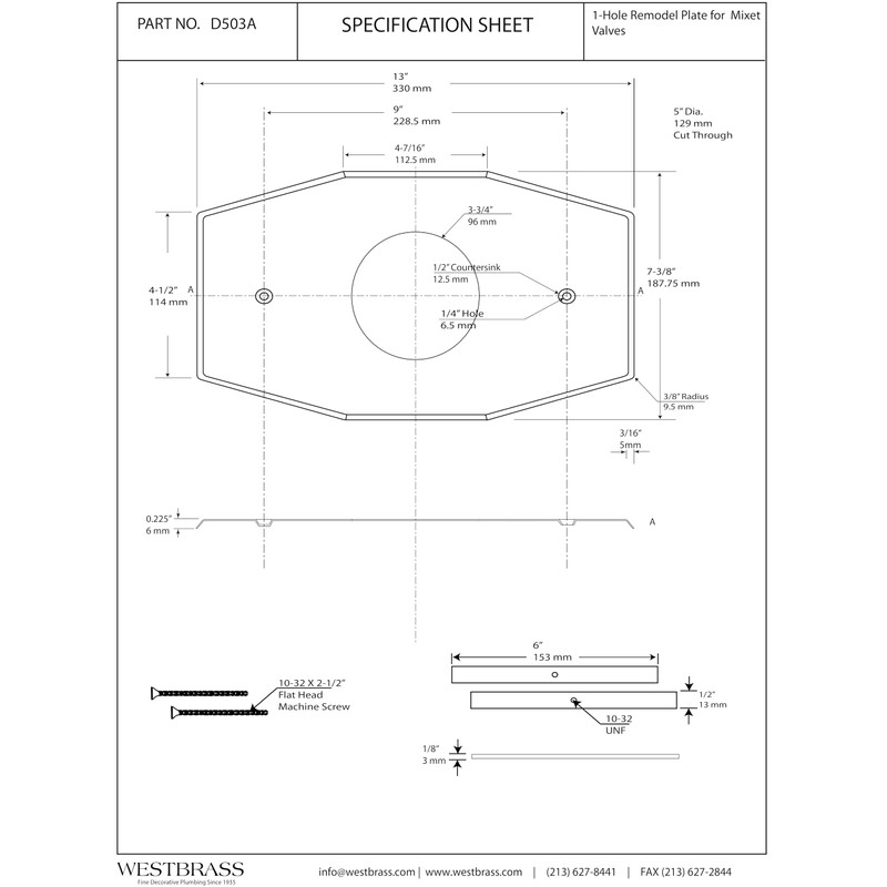 Westbrass A503-01 One-Hole Remodel Cover Plate for Mixet Bathtub and