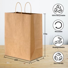 13" x 7" x 17" Twisted Handle Bags [Pack of 25] Food Service bags, Recylable Kraft Paper Bags, Gift bags, Grocery bags, Shopping bags, Take away bag Eco-Friendly and Sustainable