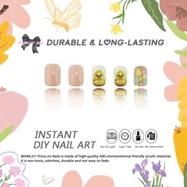 Easter Press on Nails Short Square MABKJLF Pink Fake Nails False Nails with Polka Dots Designs Easter Eggs Chicks Cute Glossy Glue on Nails Stick on Nails for Women Girls 24 Pcs