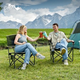 Folding Camping Chairs 2 Pack, Heavy Duty Camping Chairs for Adults Steel Frame Support 400 lbs, Metal Arm Lawn Chairs with Swivel Cup Holder, Hollow Backrest Camp Chair, Outdoor Sports Chairs, Green