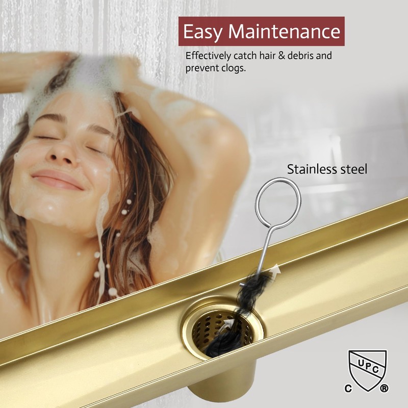 MUSCHBATH Linear Shower Drain, 32 inch Gold, 2-in-1 Tile Insert