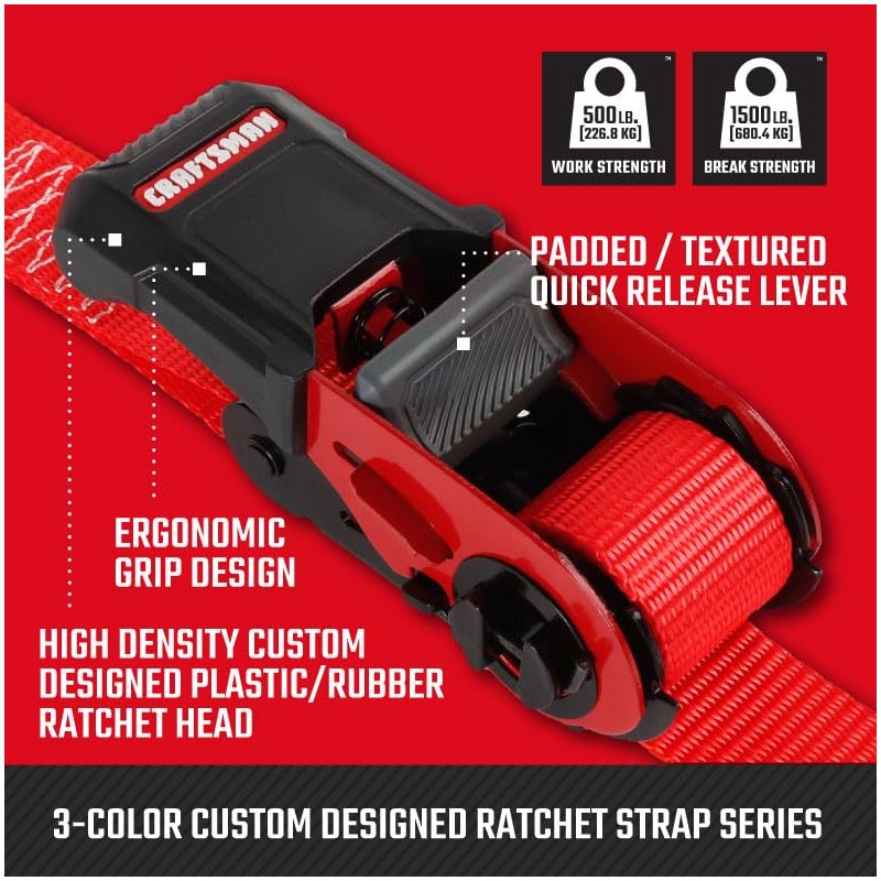 CRAFTSMAN CMXAZBS15004 Black/Red 1" x 12' Ratchet Tie Down Straps