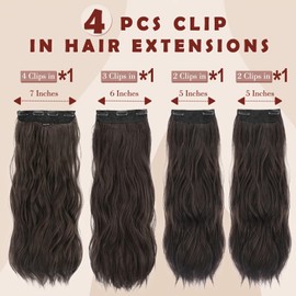 FESHFEN Clip in Hair Extensions for Women - 4 Pcs Thick Double Weft Long Wavy Soft Synthetic Blends Well Hair Extension, 20 inch Black Brown