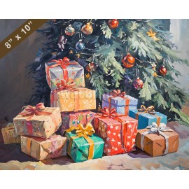 Christmas gift-wrapped packages under the tree oil painting 8x10 Print