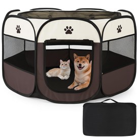 Kazulosha Pet Playpen Folding Dog Circle Indoor 35.8 x 35.8 x 22.8 inches (91 x 91 x 58 cm) Cat Circle Large Octagonal Dog House Pet Circle with Roof for Outdoor Disaster Prevention Cat Cage Dog Circle Folding Indoor Outdoor Camping Mesh Circle Sturdy Birthing Room Large Dogs Small Dogs Cats Leisure Sheet Large Storage Bag Included (Brown, L, 8 )