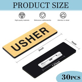 Sabary 30 Pack Usher Badges for Church, Round Corner Acrylic Usher Name Tags with Pins for Uniform Clothes Church Gatherings, 1 x 3 Inch(Black, Gold)
