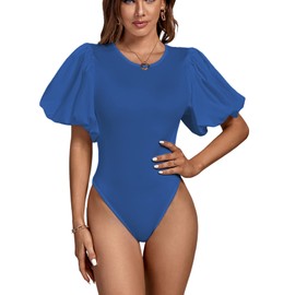 LYANER Women's Casual Round Neck Puff Short Sleeve Leotard Bodysuit Top Royal Blue Medium