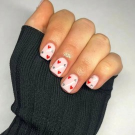 FIEONCIY Press on Nails Short Square Shaped Glossy Full Cover Acrylic Extra Short Square False Nails with Love Heart Designs Artificial Fake Nails Glue Stick ons Fingernails for Women Girls(X0421)