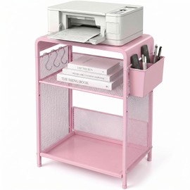 ECOLOVI Small 3 Tier Printer Stand for Under Desk, Height Adjustable Shelf Printer Table with 3 S-Hooks & Basket, Heavy Duty Industrial Storage Shelf for Home Office (Pink)