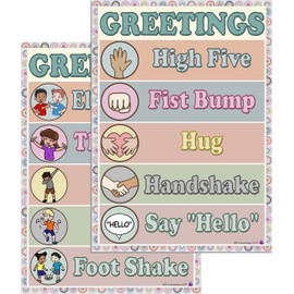 Boho Class Greetings Posters - Laminated, Size 14x19.5 in.- Classroom Decorations, Pediatrician Doctors Office Decor, Back To School and Teachers Supplies, Preschool and Elementary Welcome Sign