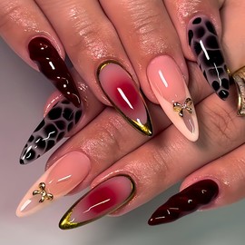 3D Almond Press on Nails Long Gold Curve Line Fake Nails French Tip False Nails with Bow Leopard Print Designs Pink Gradient Almond Glue on Nails Stick on Nails for Women Girls 24Pcs