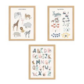 Zamety Set of 3 Baby Room Decoration, A4 Children's Room Decoration, Canvas Pictures Children's Room, ABC Poster for Children, Alphabet Numbers Animals Learning Posters for Nursery, Preschool, Primary