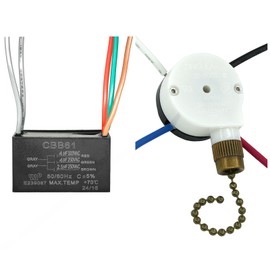 YukiHalu Ceiling Fan Pull Chain Switch 3 Speed 4 Pre-Installed Wires, Ceiling Fan Capacitor CBB61 4uf + 4uf + 2.5uf 5 Wires 250V, Light Switch for Fan and Light (‎ZE-208s Antique, 4+4+2.5uF)