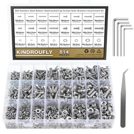 814 Pieces Button Head Socket Cap Screws Nuts Washers Kit, Kindroufly M3 M4 M5 M6 Screw Assortment Kit, Metric Screw Set, Bolts and Nuts, Machine Screws, 304 Stainless Steel, Fully Machine Thread