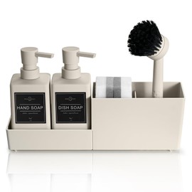 zuxzmj Kitchen Soap Dispenser Set with Sponge Holder and Brush for Sink Rack Hand Soap and Dish Soap Dispensers Beige 4-in-1