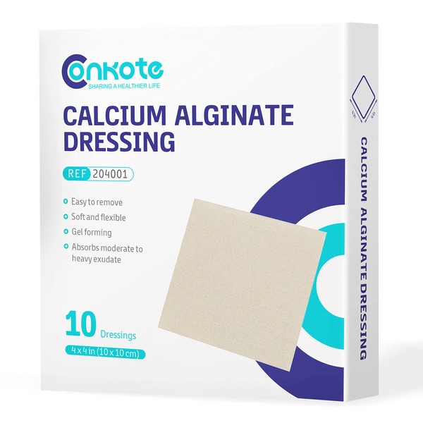 Conkote Calcium Alginate Wound Dressing Pads, 4” x 4” Pad Size, 10 Pack, Non-Stick Padding, Sterile, Highly Absorbent & Comfortable