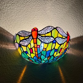 Capulina Tiffany Wall Sconces 12 Inches Wide 2-Light Antique Blue Orange Dragonfly Style Stained Glass Wall Light for Hallway Stairway Bedroom Home Office