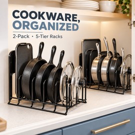 2 Pack Heavy Duty 5 Tier Pot and Pan Organizer Rack, Steel Cookware Holder for Cast Iron Skillets