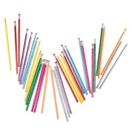 Invero 32 Pack Unsharpened HB Glitter Sparkling Pencils - 16 Different Barrel Colours with Eraser Top for Arts & Crafts, School, Office, Party Bag Filler or General Home